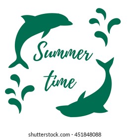 Nice picture with two colored dolphins with splashes and inscription Summer time on white background