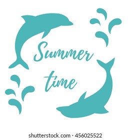 Nice picture with two colored dolphins with splashes and inscription Summer time on white background