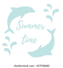 Nice picture with two colored dolphins with splashes and inscription Summer time on white background