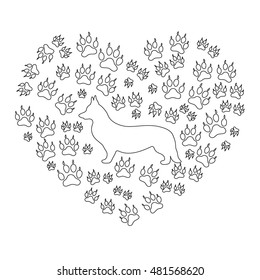 Nice picture of Welsh Corgi Pembroke silhouette on a background of dog tracks in the form of heart on a white background.
