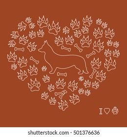 Nice picture of Welsh Corgi Pembroke silhouette on a background of dog tracks and bones in the form of heart on a colored background.