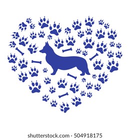 Nice picture of Welsh Corgi Pembroke silhouette on a background of dog tracks and bones in the form of heart on a white background.