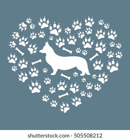 Nice picture of Welsh Corgi Pembroke silhouette on a background of dog tracks and bones in the form of heart on a colored background.