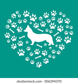 Nice picture of Welsh Corgi Pembroke silhouette on a background of dog tracks and bones in the form of heart on a colored background.