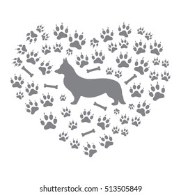 Nice picture of Welsh Corgi Pembroke silhouette on a background of dog tracks and bones in the form of heart on a white background.