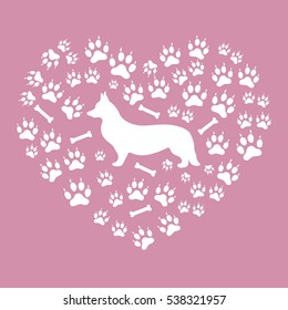 Nice picture of Welsh Corgi Pembroke silhouette on a background of dog tracks and bones in the form of heart on a colored background.