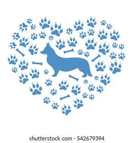 Nice picture of Welsh Corgi Pembroke silhouette on a background of dog tracks and bones in the form of heart on a white background.