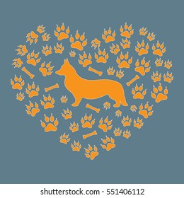 Nice picture of Welsh Corgi Pembroke silhouette on a background of dog tracks and bones in the form of heart on a colored background.