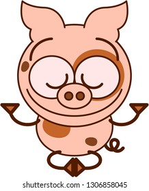 Nice pig with pointy ears, spotted skin, curly tail, big eyes and flat nose while showing a joyful mood. It's smiling while performing a calm meditation in seated position