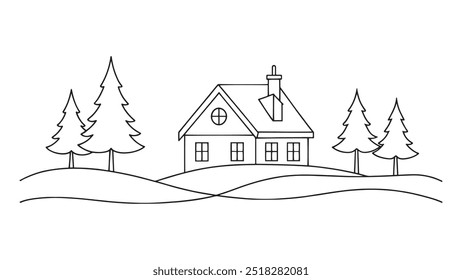 Nice Pinehill Homestead continuous line art isolated flat vector illustration on white background