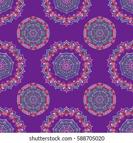 Nice pink and blue hand-drawn seamless vector illustration. Elegant seamless pattern with floral and Mandala elements.