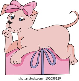 Nice pink doggy with pink bow and lying on a pink gift package. Vector EPS Illustration.