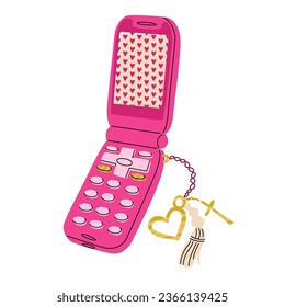 Nice pink flip phone in 2000s style with a key ring. Stylish retro accessory for girls. Sticker design or print for t-shirt and postcard. Vector illustration isolated on white background.