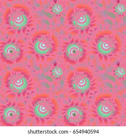 Nice pink and green hand-drawn seamless vector illustration. Elegant seamless pattern with and Mandala elements.