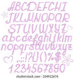 Nice pink hand drawn italic font. Upper and lower case, digits, punctuation marks.