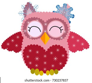 Nice pink owl in snowflakes, in a crown of snowflakes and with snowflakes on wings