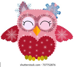 Nice pink owl in snowflakes, in a crown of snowflakes and with snowflakes on wings