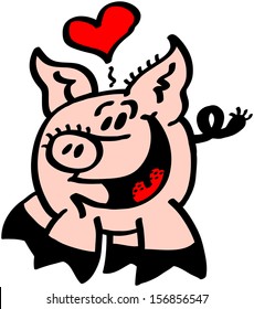 Nice pink pig with big pointy ears and curled tail expressing how happy he feels, because he is fully in love, by showing a red heart floating above his head