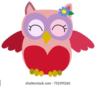 Nice pink smiling owl with a flower