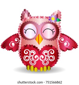 Nice pink smiling owl with a lilac flower on the ear and ornament on the heart and wings, pattern with volume effect