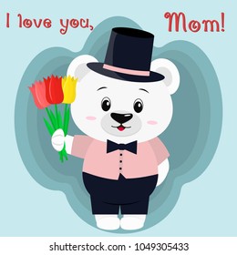 A nice polar bear holds three tulips. Congratulations on your mother's day, in the style of cartoons.