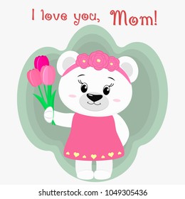 A nice polar bear holds three tulips. Congratulations on your mother's day, in the style of cartoons.