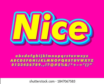 Nice pop art font template for headline text effect design. Colorful pop art text effect with nice yellow, pink and blue color. Alphabet, number and symbol