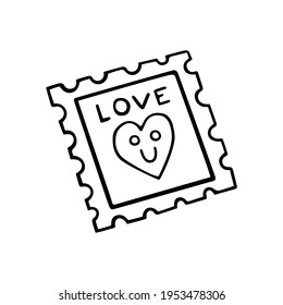 Una bonita estampilla con una cara sonriente y la inscripción "amor". Ilustración vectorial dibujada a mano en estilo doodle, aislada. Una declaración de amor. Para tarjetas de San Valentín, pegatinas.