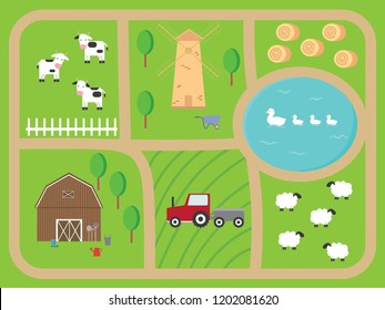 A nice poster with lovely farming landscapes. Play Mat with car truck for active children's games. Farm map with house, cows, sheep, pond, ducks, tractor,mill, haystack and ring road.