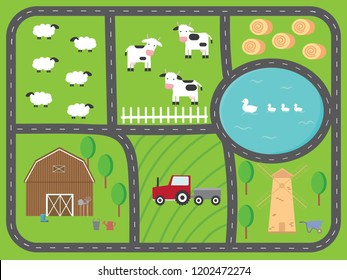 A nice poster with lovely farming landscapes. Play Mat with car truck for active children's games. Farm map with house, cows, sheep, pond, ducks, tractor,mill, haystack and ring road.