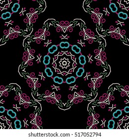 Nice purple, neutral and green hand-drawn seamless vector illustration. Elegant seamless pattern with floral and Mandala elements.
