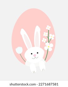 Nice rabbit with flowers on a pink egg silhuette. Easter greeting card.