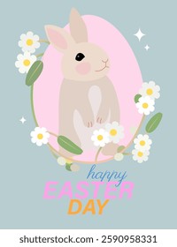 Nice rabbit with flowers on a pink egg silhuette. Easter day greeting card.