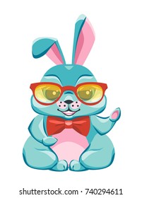 A nice rabbit in sunglasses and a bow tie waving his paw.