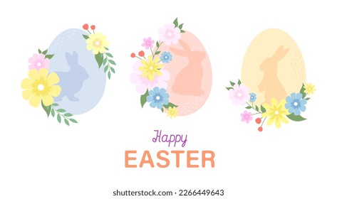 Nice rabbits silhouette on eggs. Wreath of flowers with Easter eggs. Festive background to Easter Day.