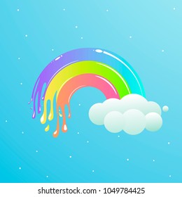 A nice rainbow with clouds against the sky with stars. Cute vector cartoon illustration