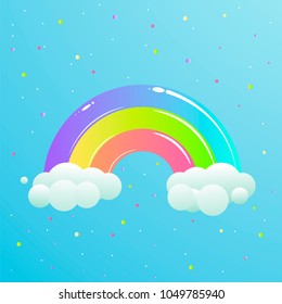 A nice rainbow with clouds against the sky with stars. Cute vector cartoon illustration