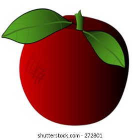 Nice red apple with green stem and leaves