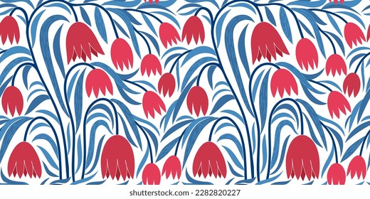 Schöne, rote und blaue, stilvolle Batanic-Illustration.  Frische Frühlingsnahtlose Muster. Rote Blumen unter blauen Blättern. Grafische moderne Kunst. Bicolor-Fantasy-Muster. Tulpen Illustration Oberfläche Modernes Design