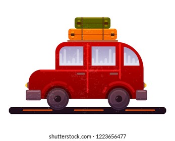 Nice red car with luggage on top. Journey. Vector cartoon illustration.