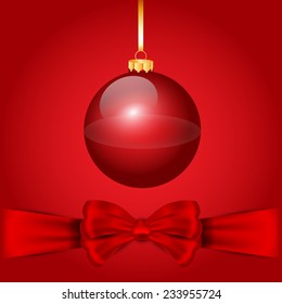 Nice red Christmas ball with red bow on the red background