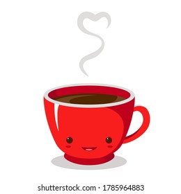 A nice red cup with a cheerful and nice face. A cup of tasty and hot coffee. Vector simple illustration. Design for coffee houses, posters, stickers, banners, postcards. Isolated on a white background