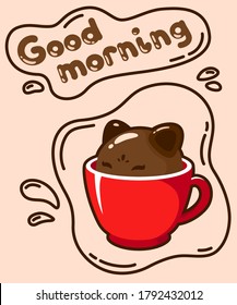 A nice red cup with a sweet cat - chocolate dessert. A cup of tasty and hot coffee. Vector simple illustration. Lettering - good morning. Design for coffee houses, posters, stickers, banners, postcard