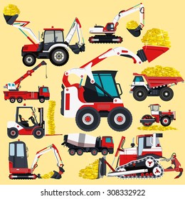 Nice red and white big set of ground works machines vehicles construction and equipment for building truck digger crane fork lift mall bagger mix roller excavator flatten isolated illustration vector