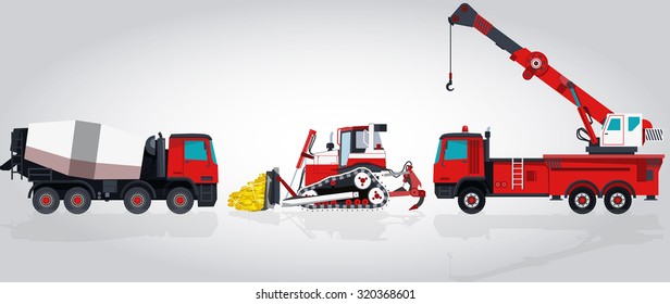 Nice Red and White Big Set of Ground Works Machines Vehicles, Construction and Equipment for building. Truck, Digger, Crane, Small Bagger, Mix, Extravator