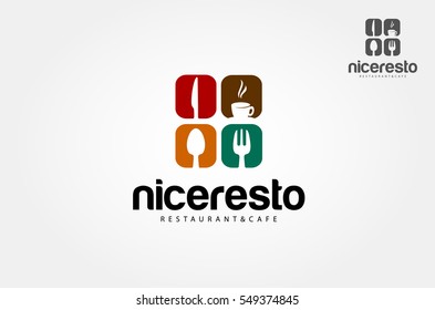 Nice Resto Restaurant and cafe Vector Logo Template. Creative food word logo elements design with spoon,knife and fork. Vector logo illustration.