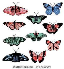 Nice retro beautiful butterflies set flat design