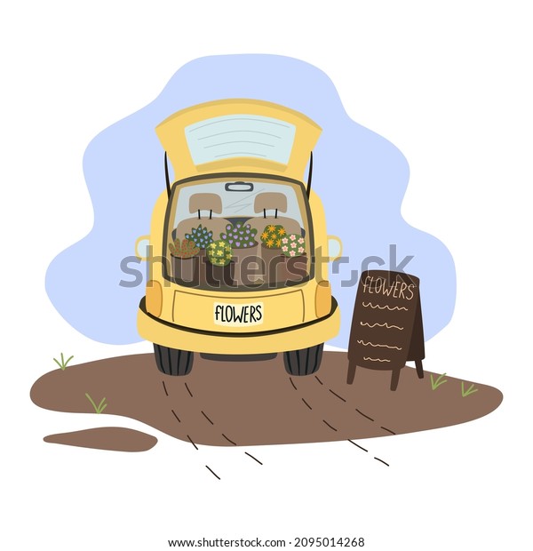 Nice retro car. Flowers in the trunk of a\
car. Sale of flowers from the car in the open air. Ploisky cartoon\
landscape. Vector\
illustration.