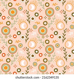 adorno retro agradable sin costura con círculos coloridos, puntos, plantas y media luna. paleta cálida y elegante y formas dibujadas a mano. tela de impresión o papel de diseño vívido
