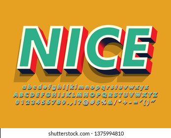 "NICE" retro vintage 3d alphabet, retro font for sign element design, simple and friendly alphabet, 3d font typeface with cool effect.